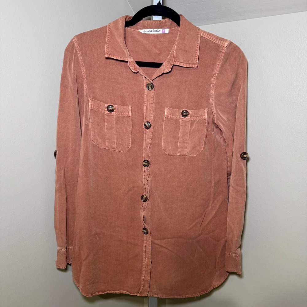 Given Kale Womens‎ Terracotta Rayon Roll Tab Sleeve Button Down Shirt Small